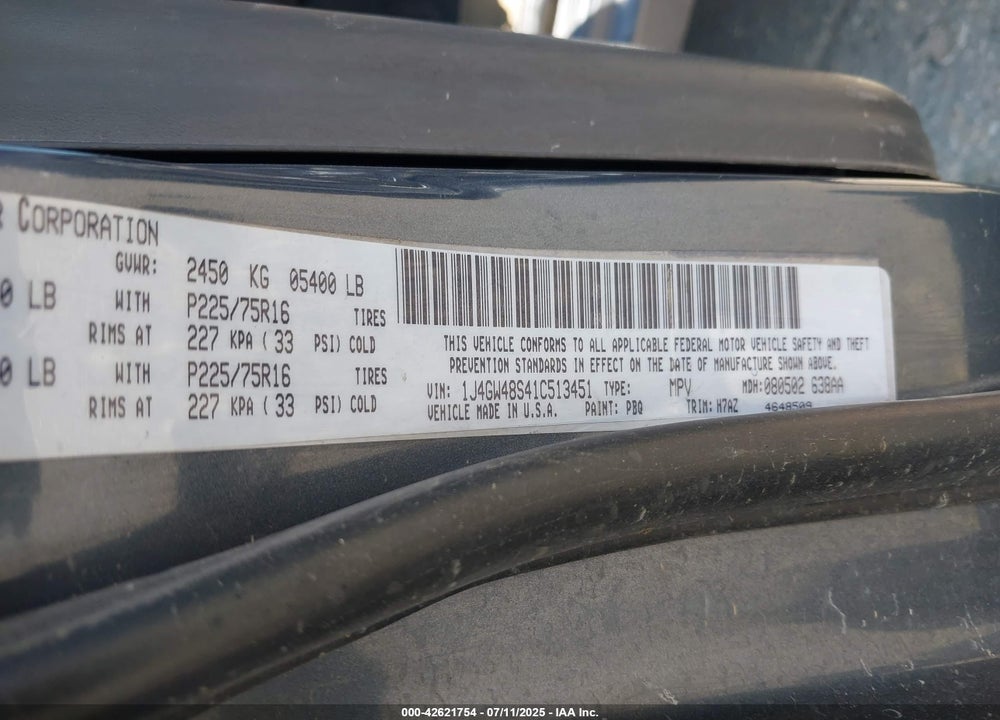 2001 JEEP GRAND CHEROKEE LAREDO VIN: 1J4GW48S41C513451