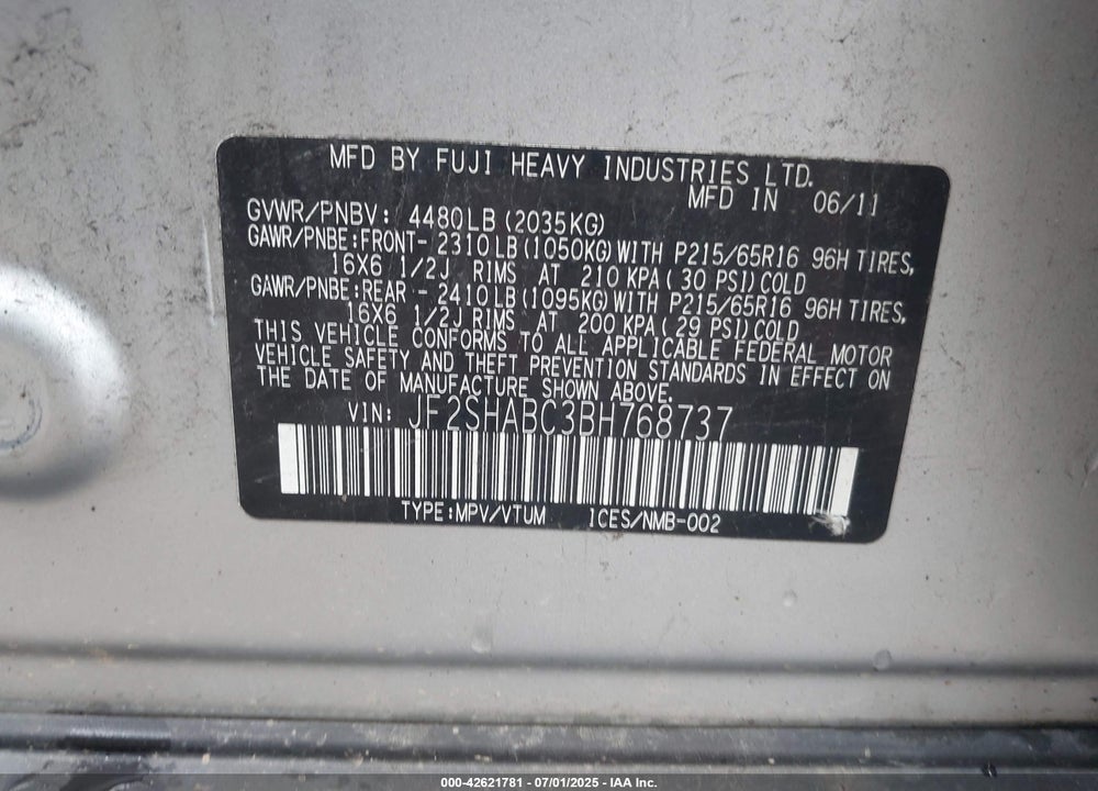2011 SUBARU FORESTER VIN: JF2SHABC3BH768737