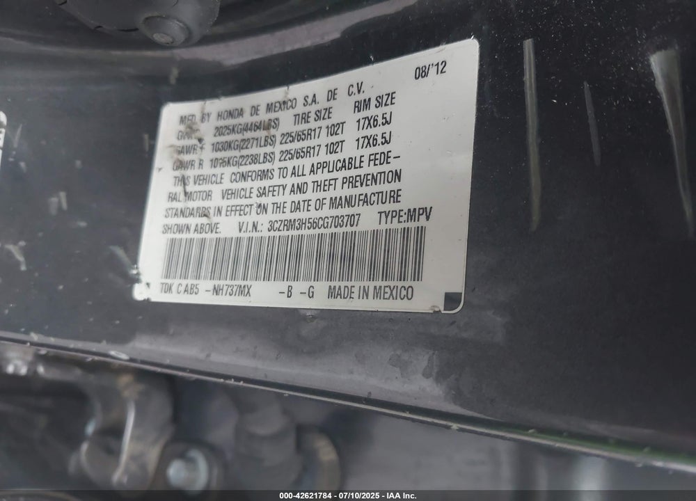 2012 HONDA CR-V VIN: 3CZRM3H56CG703707