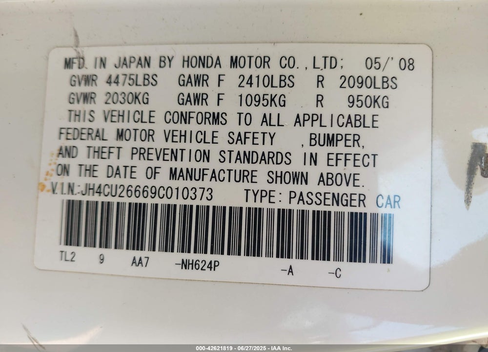 2009 ACURA TSX VIN: JH4CU26669C010373