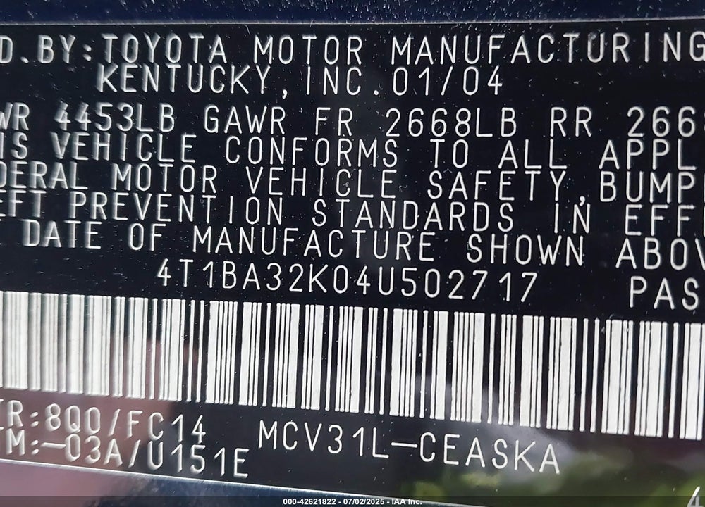 2004 TOYOTA CAMRY SE V6 VIN: 4T1BA32K04U502717