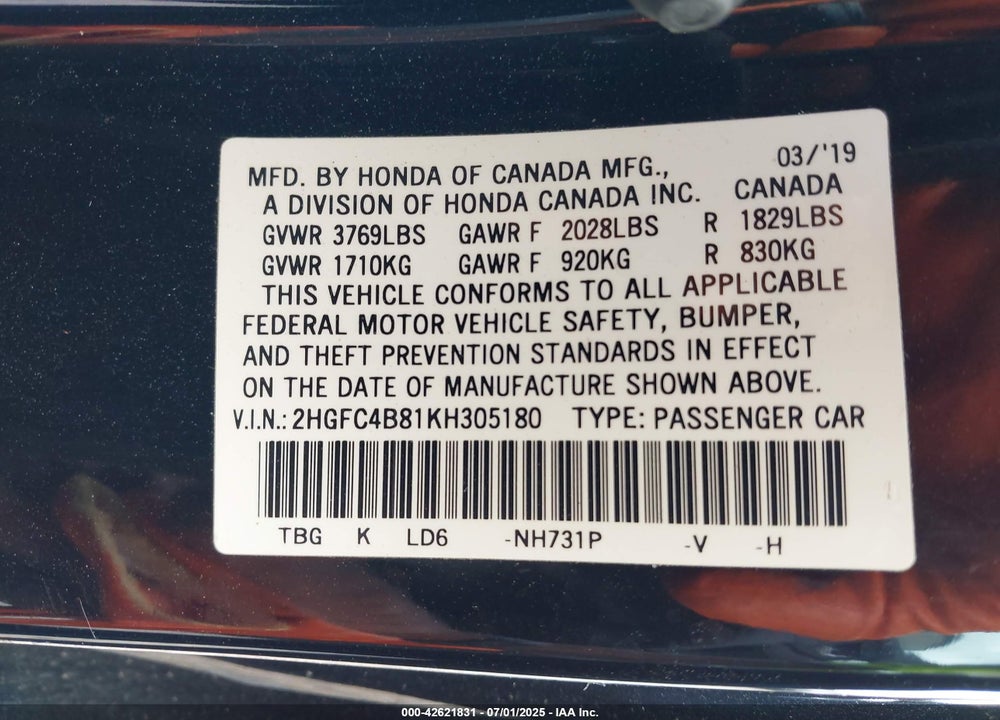 2019 HONDA CIVIC SPORT VIN: 2HGFC4B81KH305180