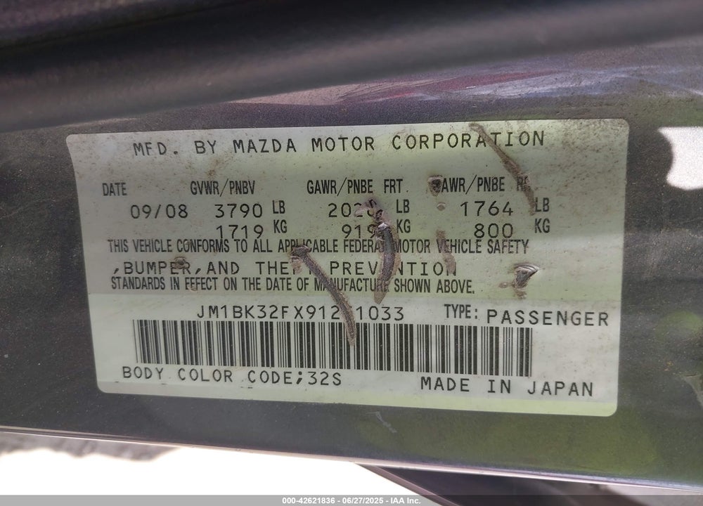 2009 MAZDA 3 VIN: JM1BK32FX91231033
