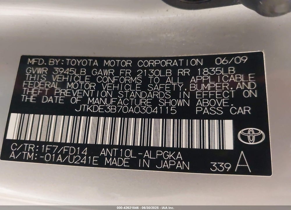 2010 SCION TC VIN: JTKDE3B70A0304115