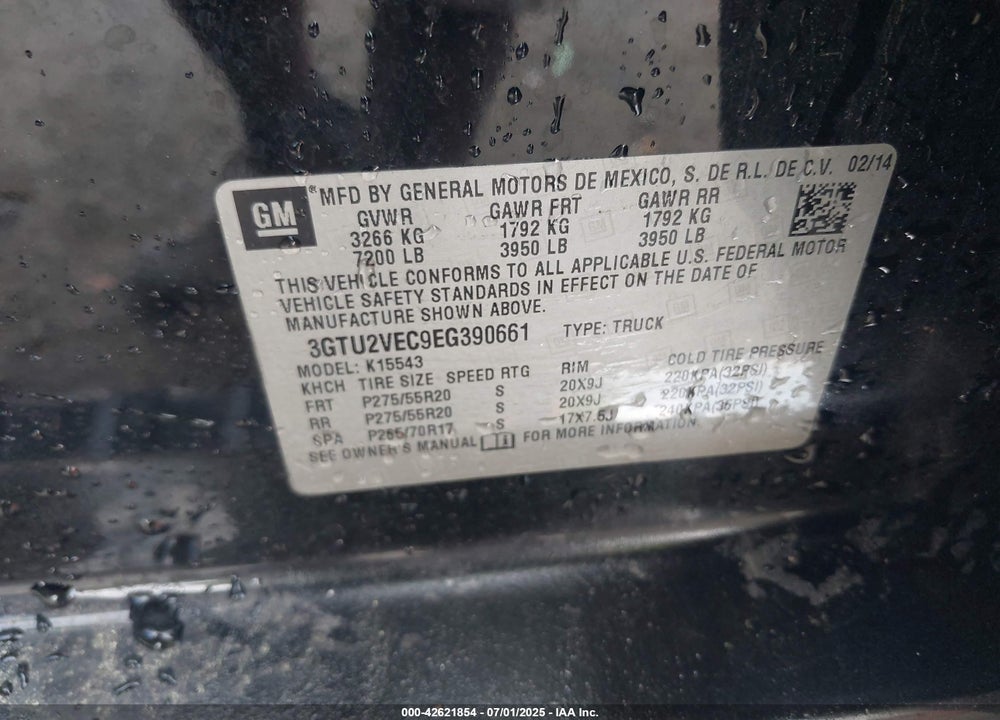 2014 GMC SIERRA 1500 VIN: 3GTU2VEC9EG390661