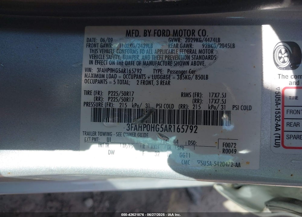 2010 FORD FUSION VIN: 3FAHP0HG5AR165792