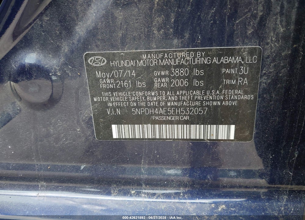2014 HYUNDAI ELANTRA VIN: 5NPDH4AE5EH532057