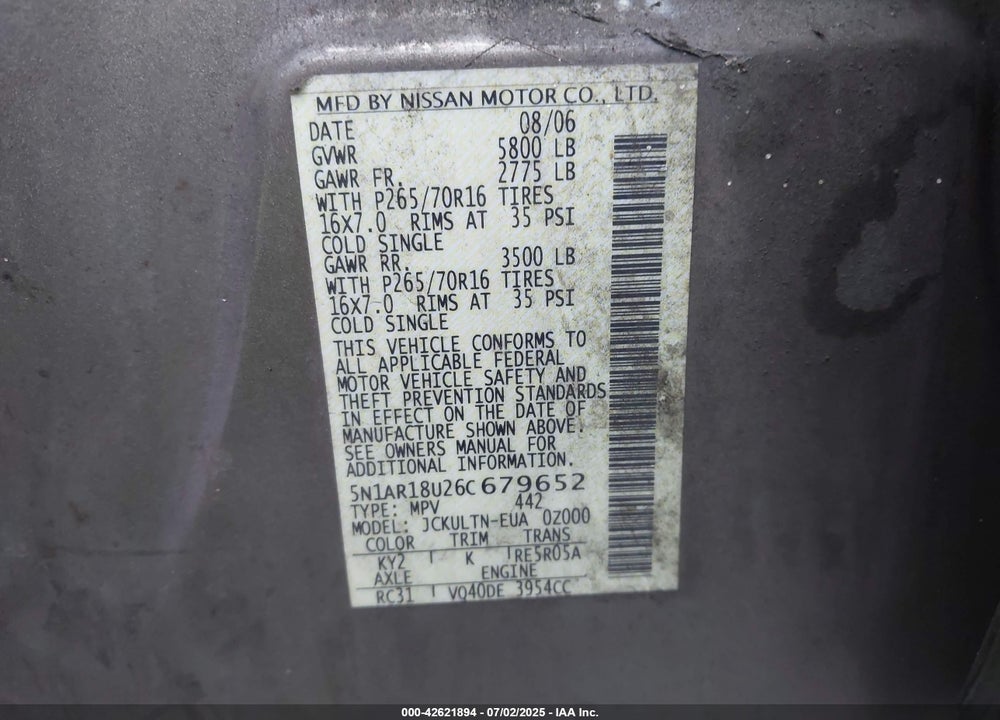 2006 NISSAN PATHFINDER SE VIN: 5N1AR18U26C679652