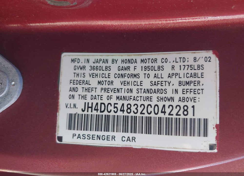 2002 ACURA RSX VIN: JH4DC54832C042281