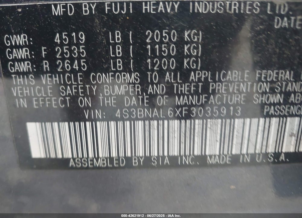 2015 SUBARU LEGACY VIN: 4S3BNAL6XF3035913