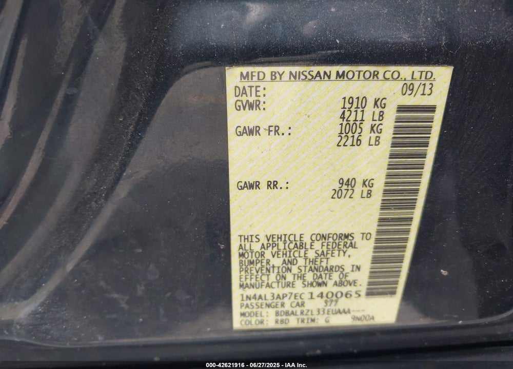 2014 NISSAN ALTIMA 2.5 S VIN: 1N4AL3AP7EC140065