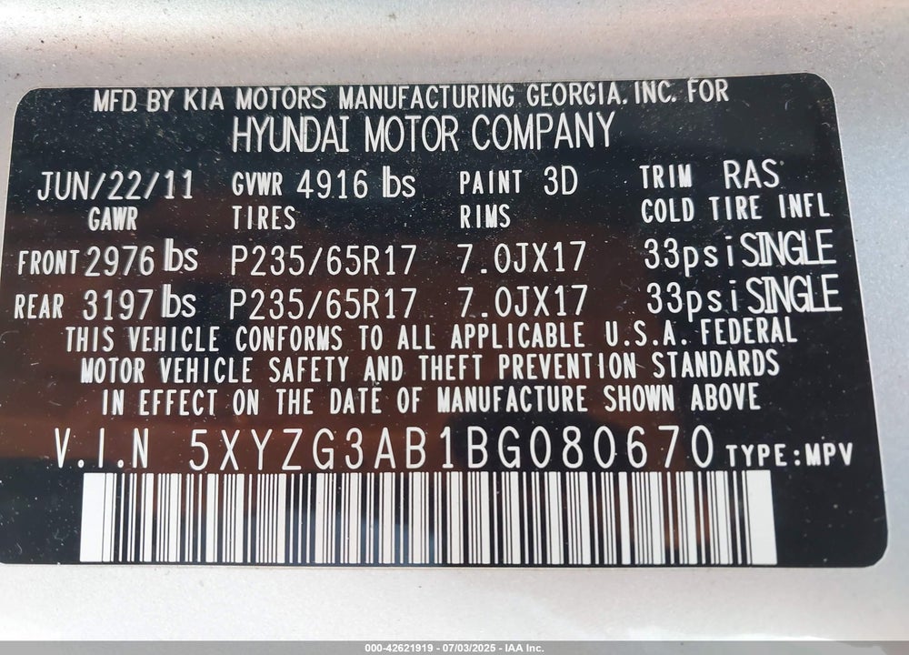 2011 HYUNDAI SANTA FE VIN: 5XYZG3AB1BG080670