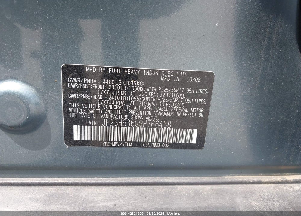 2009 SUBARU FORESTER VIN: JF2SH63609H766458