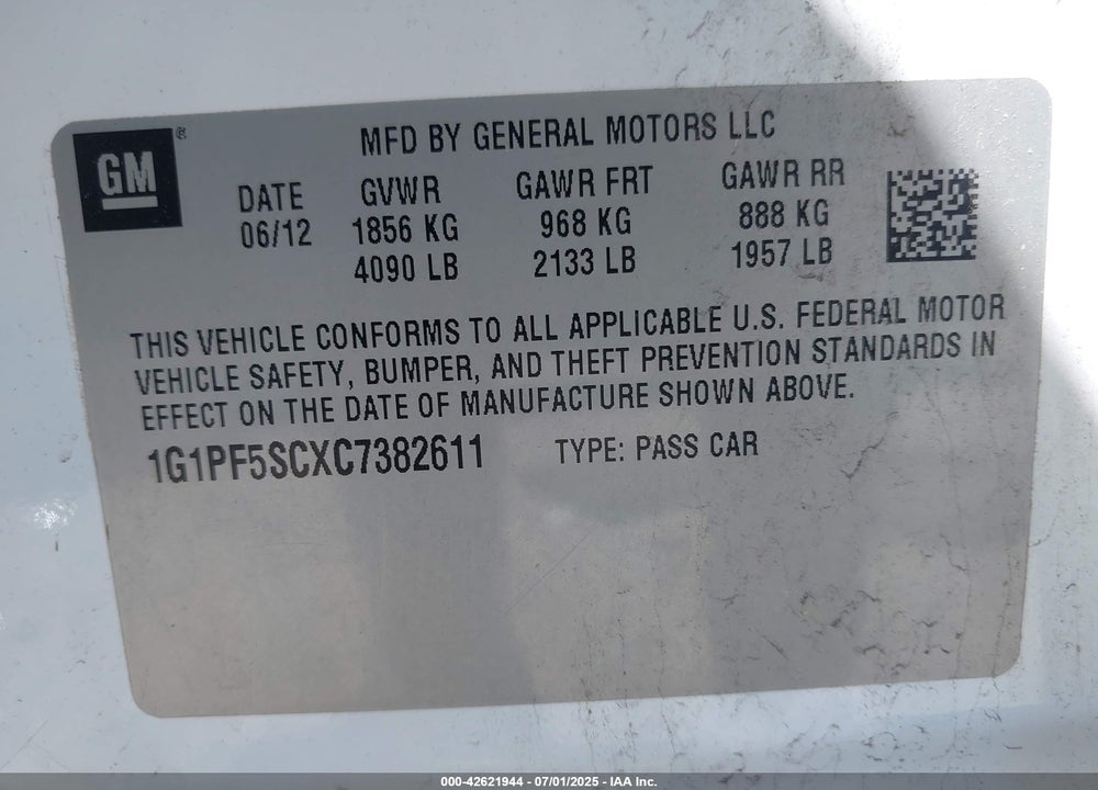 2012 CHEVROLET CRUZE VIN: 1G1PF5SCXC7382611