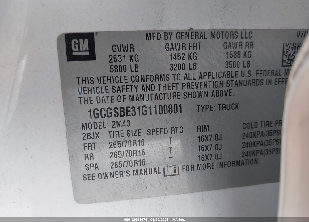 2016 CHEVROLET COLORADO VIN: 1GCGSBE31G1100801