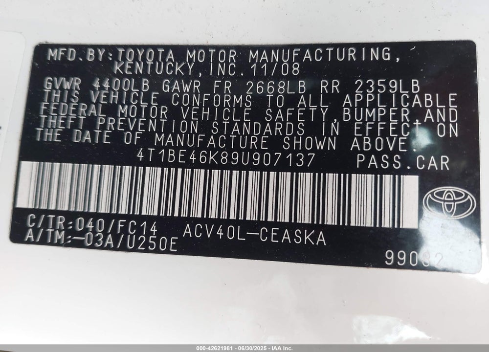2009 TOYOTA CAMRY SE VIN: 4T1BE46K89U907137