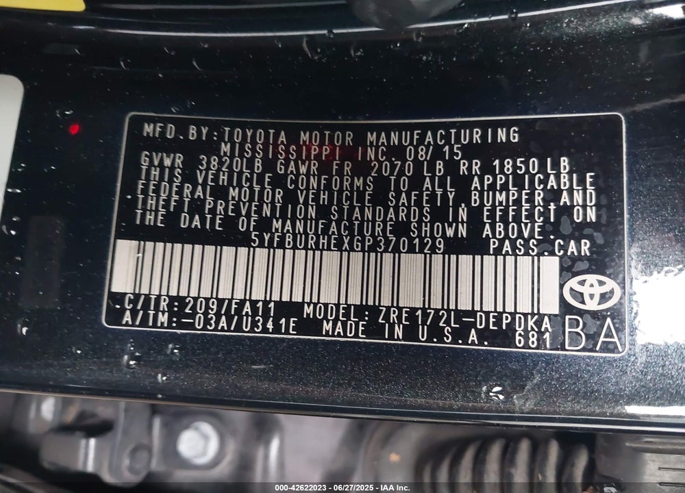 2016 TOYOTA COROLLA VIN: 5YFBURHEXGP370129