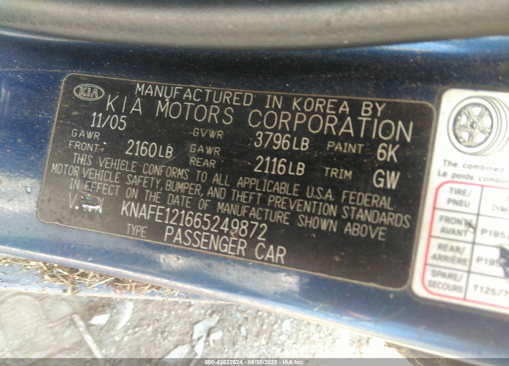 2006 KIA SPECTRA VIN: KNAFE121665249872