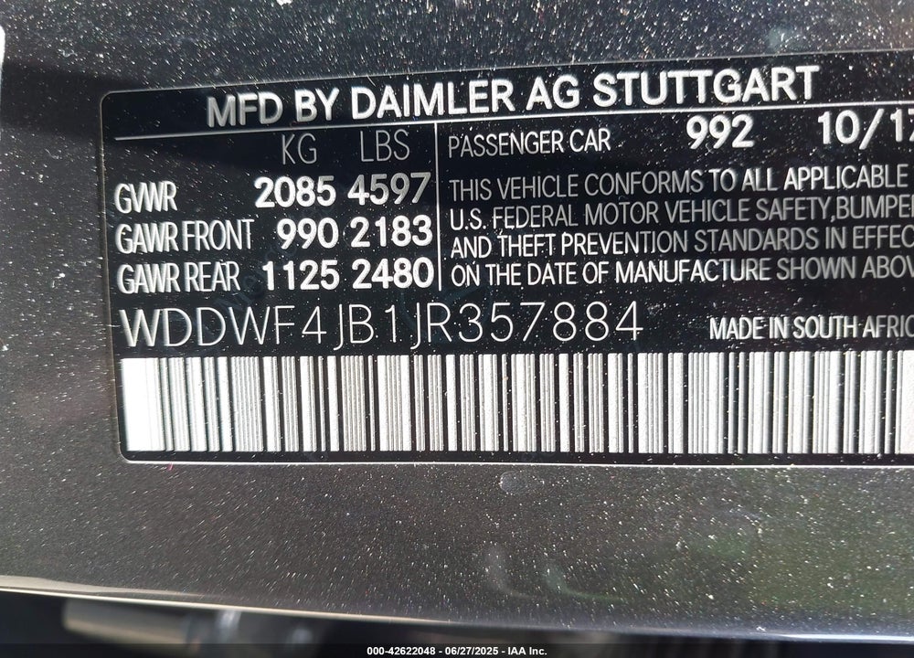 2018 MERCEDES-BENZ C CLASS VIN: WDDWF4JB1JR357884