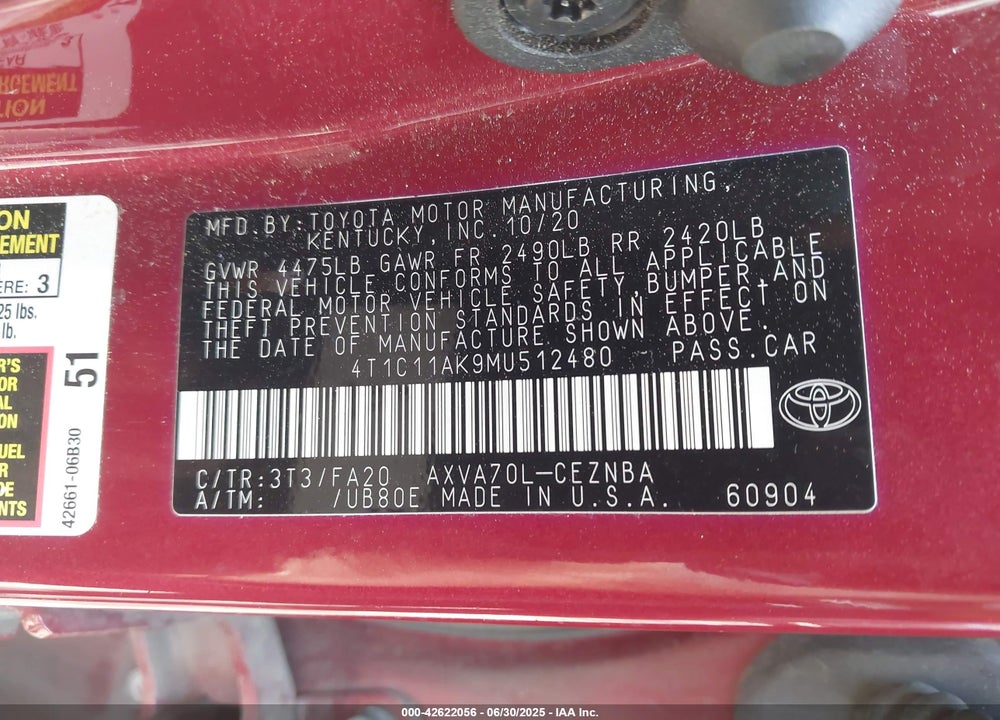 2021 TOYOTA CAMRY VIN: 4T1C11AK9MU512480