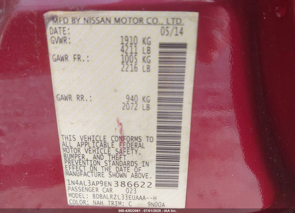2014 NISSAN ALTIMA VIN: 1N4AL3AP9EN386622