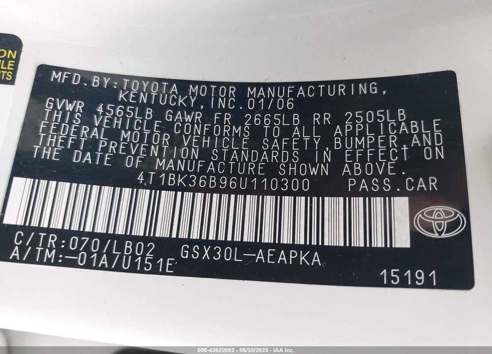 2006 TOYOTA AVALON VIN: 4T1BK36B96U110300