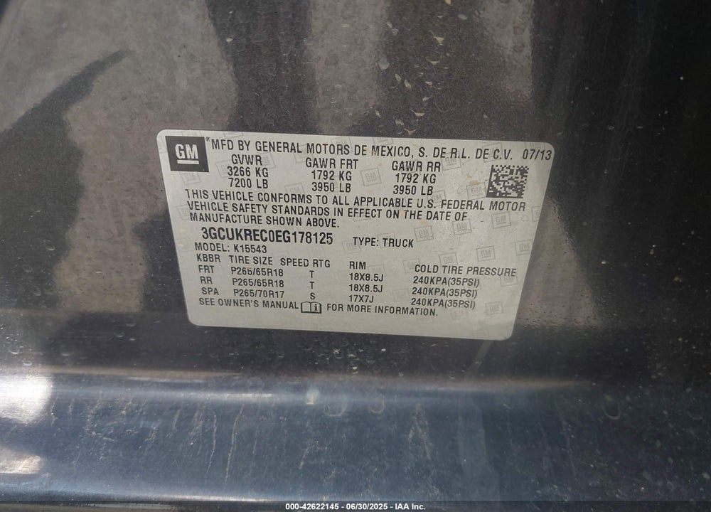 2014 CHEVROLET SILVERADO 1500 VIN: 3GCUKREC0EG178125