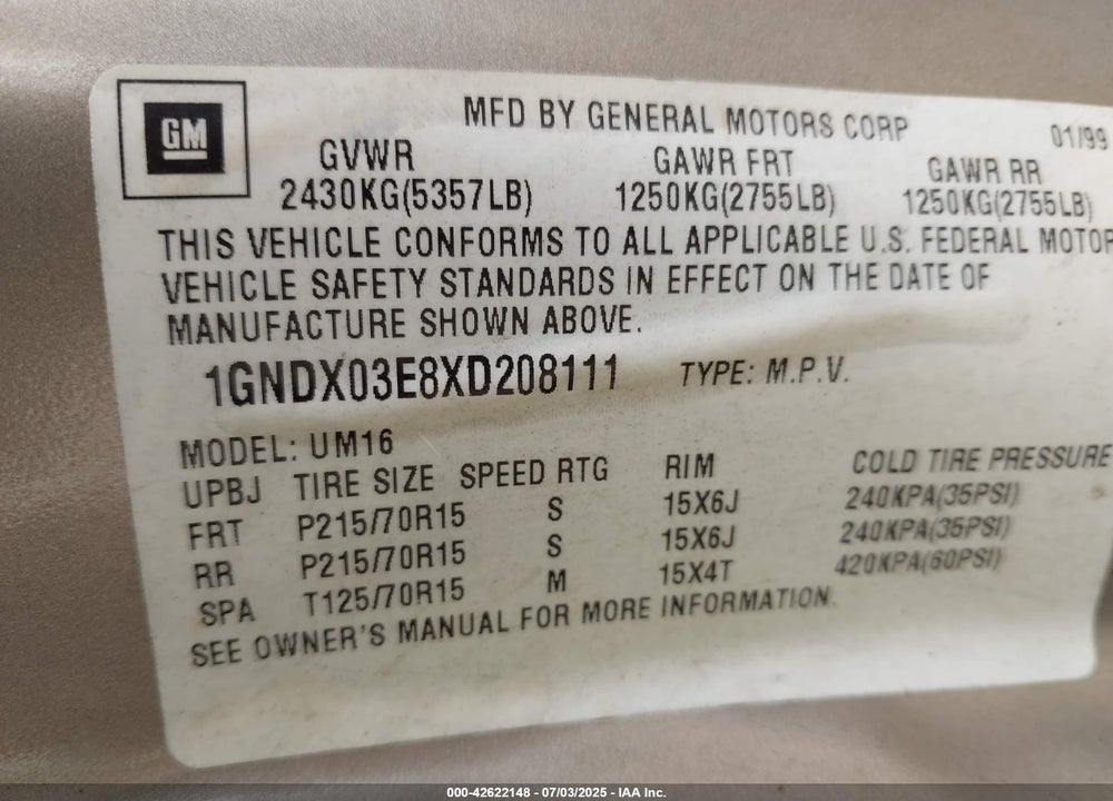 1999 CHEVROLET VENTURE VIN: 1GNDX03E8XD208111
