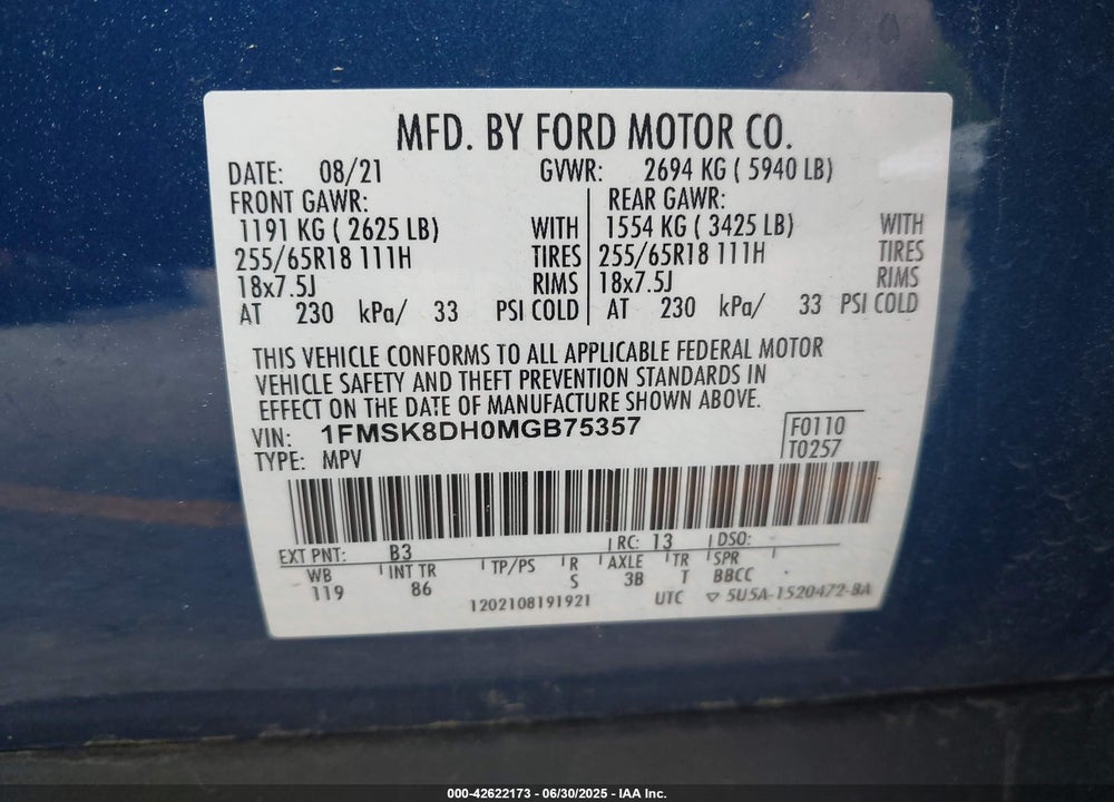 2021 FORD EXPLORER VIN: 1FMSK8DH0MGB75357