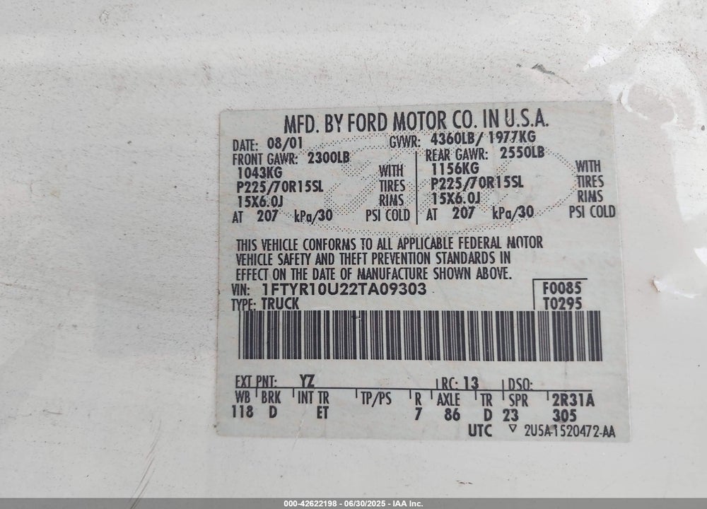 2002 FORD RANGER EDGE/XL/XLT VIN: 1FTYR10U22TA09303