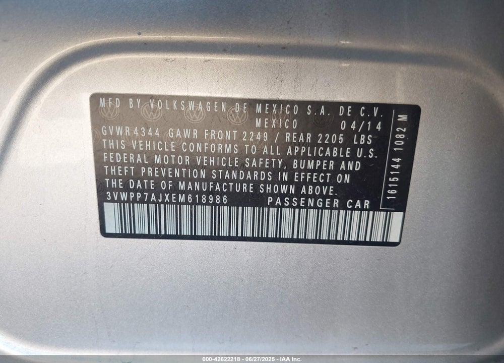 2014 VOLKSWAGEN JETTA VIN: 3VWPP7AJXEM618986
