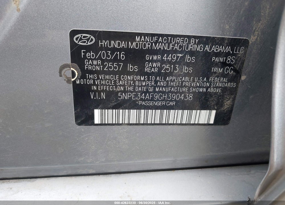 2016 HYUNDAI SONATA VIN: 5NPE34AF9GH390438