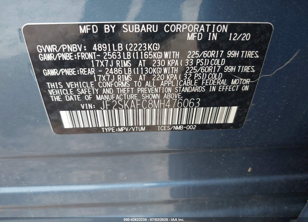 2021 SUBARU FORESTER VIN: JF2SKAFC8MH476063