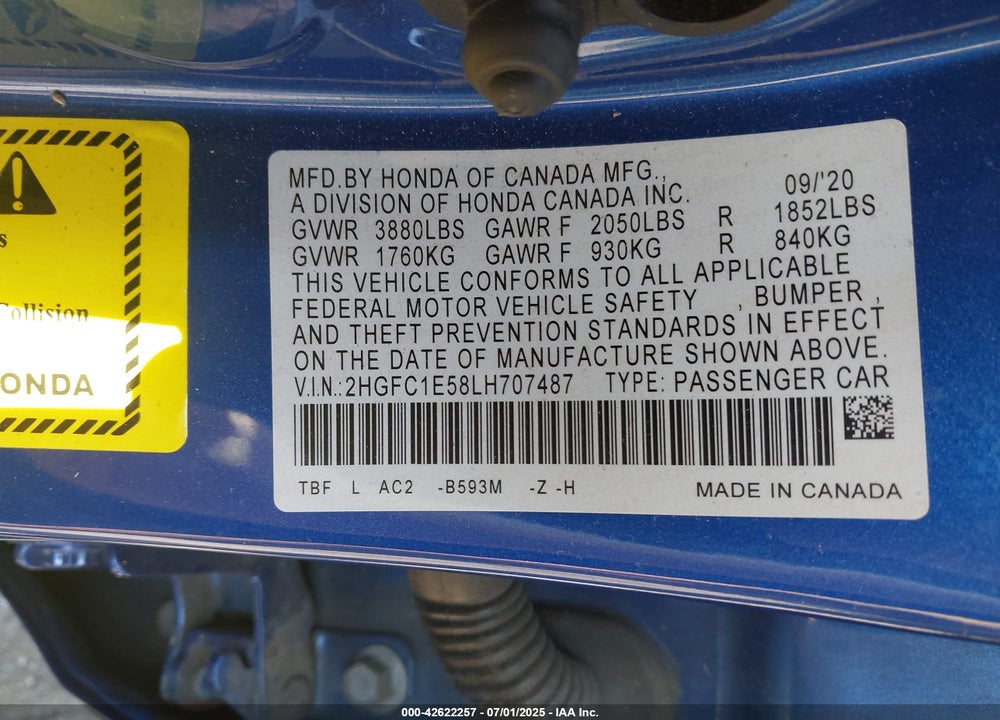 2020 HONDA CIVIC SI SEDAN VIN: 2HGFC1E58LH707487