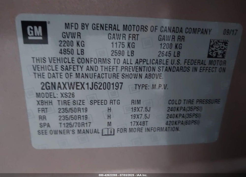 2018 CHEVROLET EQUINOX VIN: 2GNAXWEX1J6200197