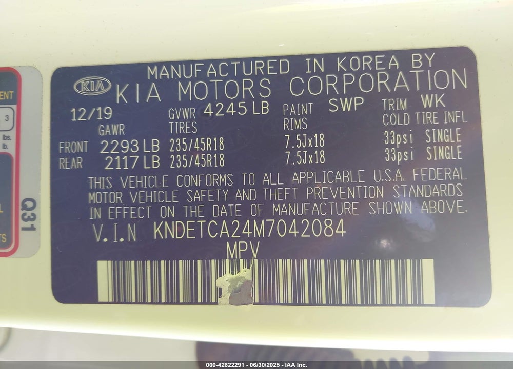 2021 KIA SELTOS VIN: KNDETCA24M7042084