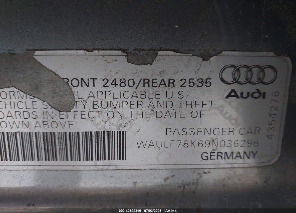 2009 AUDI A4 VIN: WAULF78K69N036296