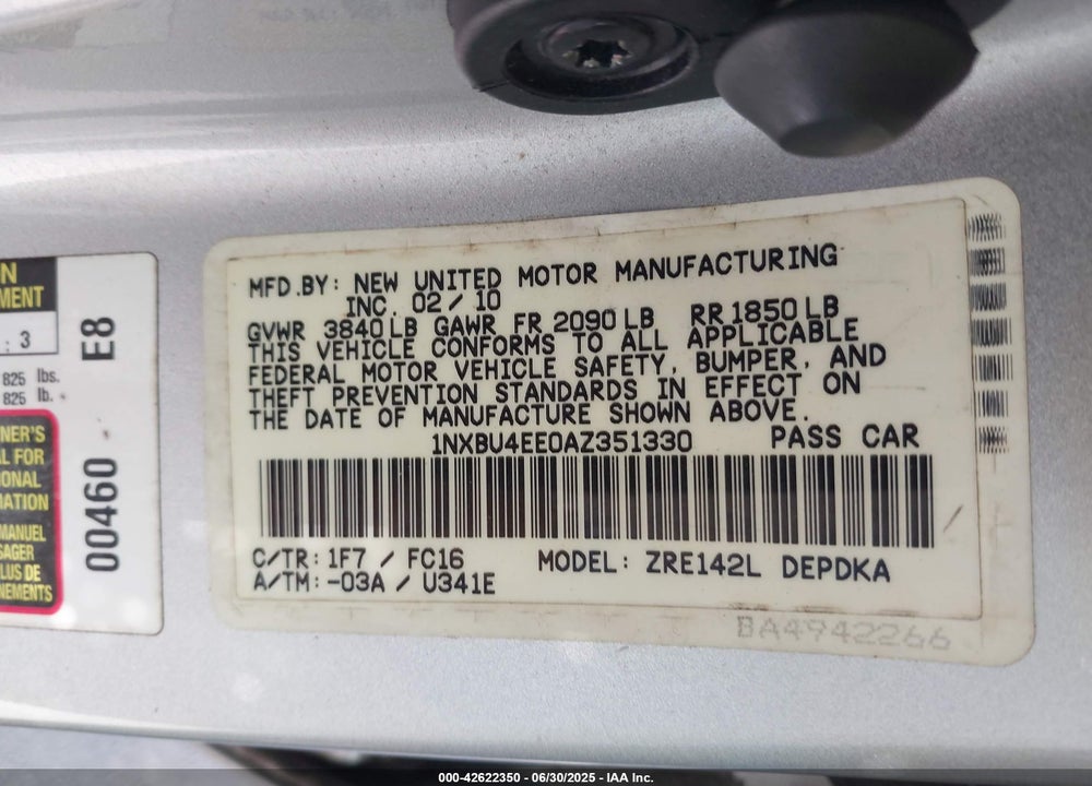 2010 TOYOTA COROLLA VIN: 1NXBU4EE0AZ351330