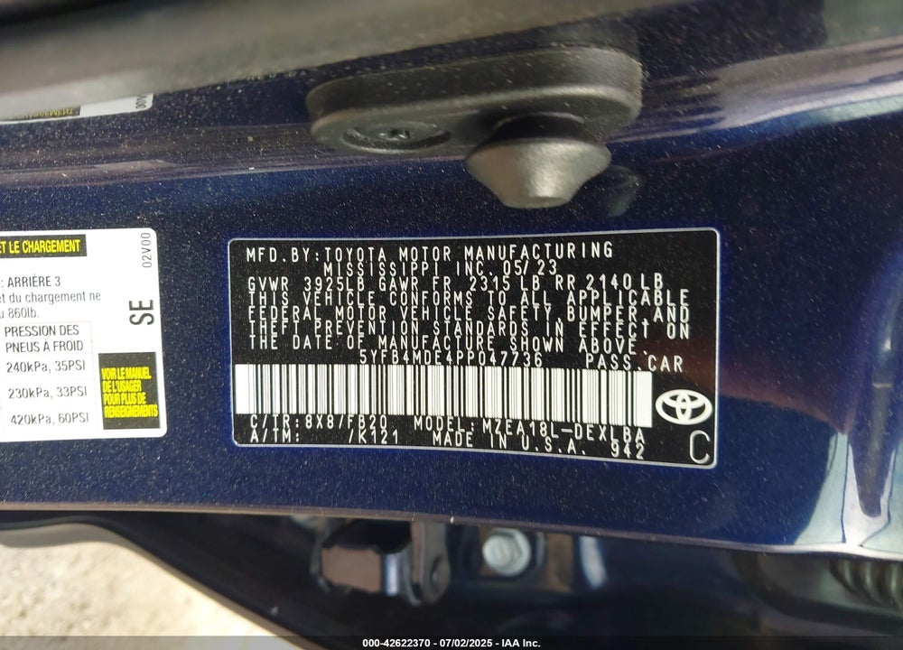 2023 TOYOTA COROLLA VIN: 5YFB4MDE4PP047736