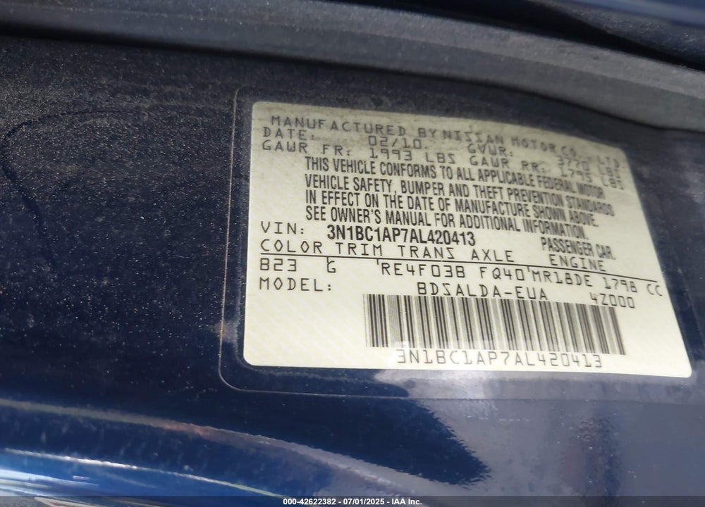 2010 NISSAN VERSA VIN: 3N1BC1AP7AL420413