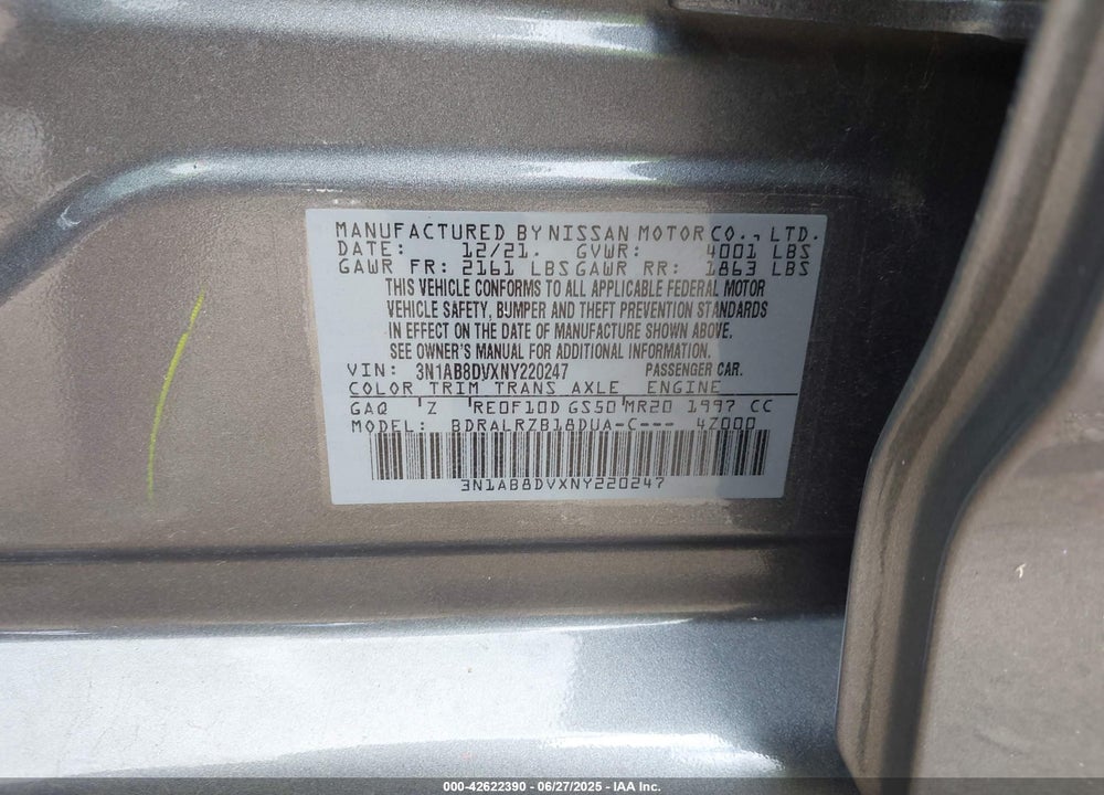 2022 NISSAN SENTRA VIN: 3N1AB8DVXNY220247