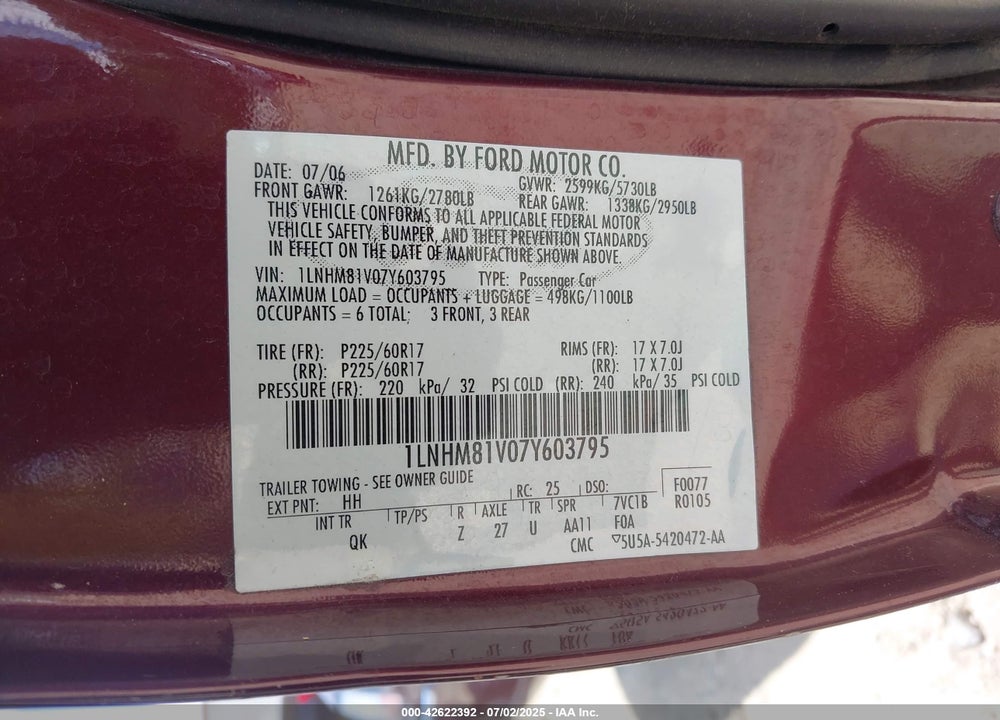 2007 LINCOLN TOWN CAR VIN: 1LNHM81V07Y603795