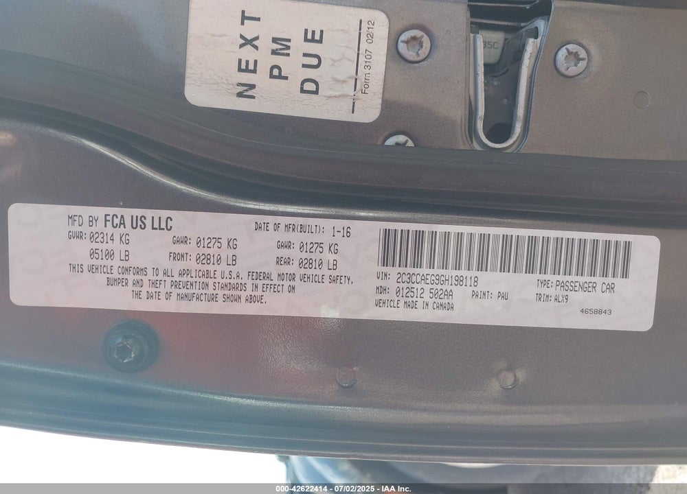 2016 CHRYSLER 300 VIN: 2C3CCAEG9GH198118