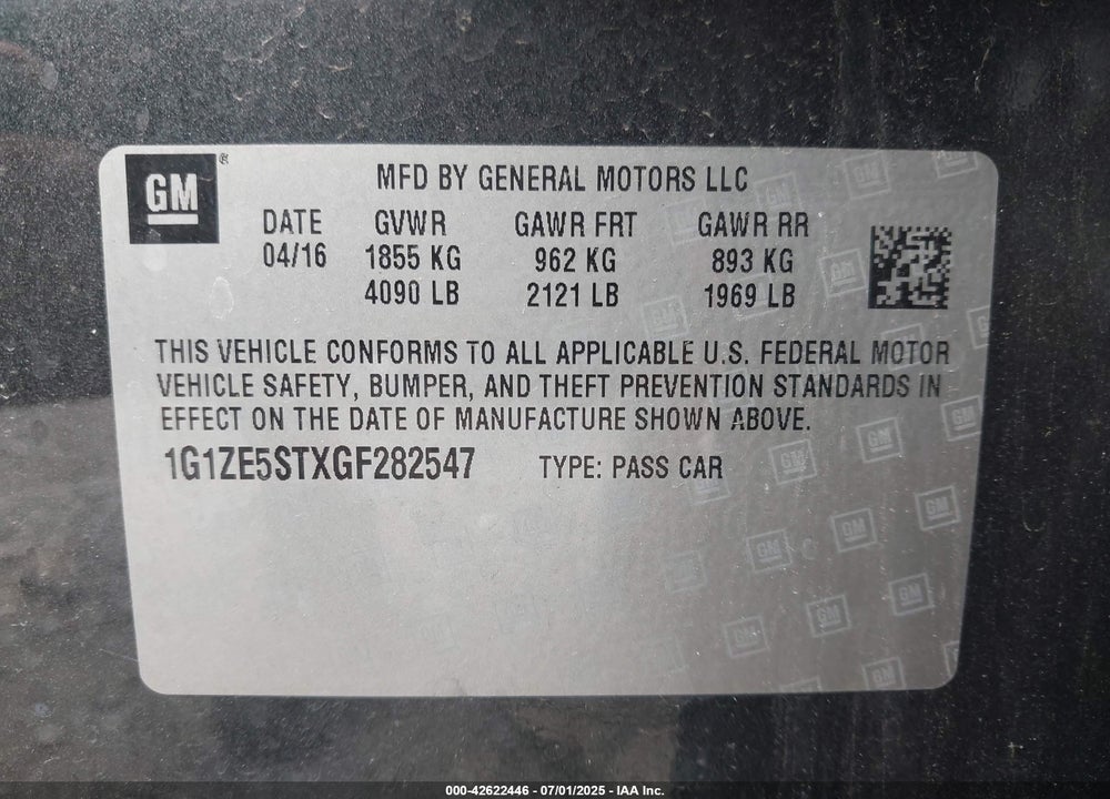 2016 CHEVROLET MALIBU VIN: 1G1ZE5STXGF282547