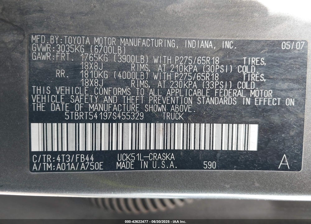2007 TOYOTA TUNDRA VIN: 5TBRT54197S455329