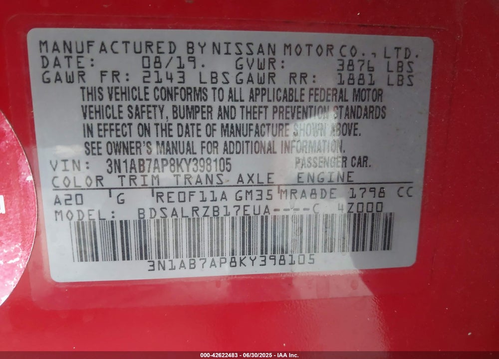 2019 NISSAN SENTRA VIN: 3N1AB7AP8KY398105