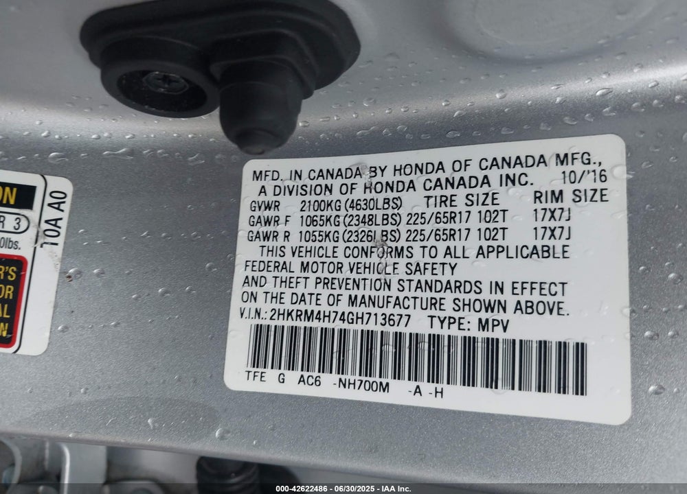 2016 HONDA CR-V EX-L VIN: 2HKRM4H74GH713677
