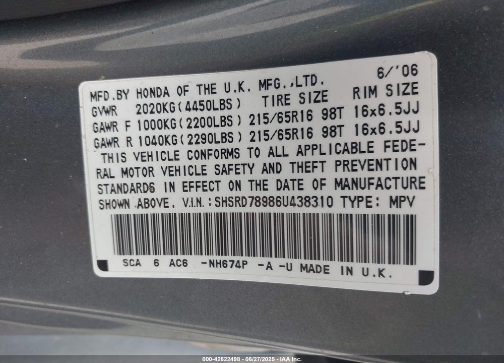 2006 HONDA CR-V VIN: SHSRD78986U438310