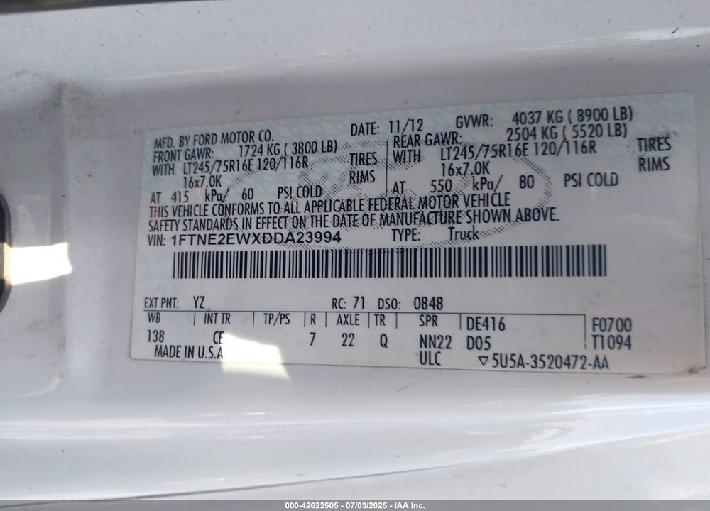 2013 FORD ECONOLINE VIN: 1FTNE2EWXDDA23994