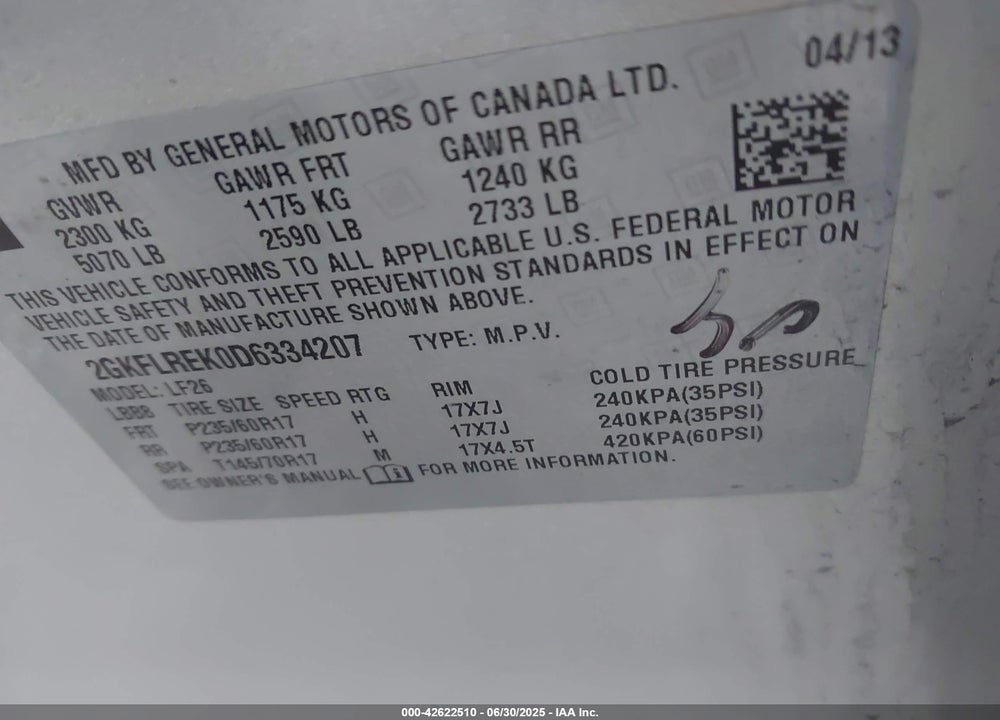 2013 GMC TERRAIN SLE-1 VIN: 2GKFLREK0D6334207